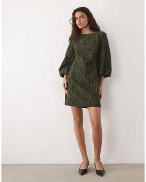 Y.A.S Vestido Mini Jacquard En Con Manga Abullonada Y Cuello Asimétrico - Verde