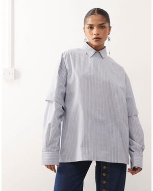 Lioness 2 In 1 Oversized T-shirt Overlay And Striped Long Sleeve Shirt In Blue And White Stripe (part Of A Set) - Gray