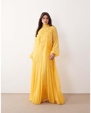 ARRANGE Curve Applique Floral Tie Neck Blouson Sleeve Trapeze Maxi Dress - Yellow