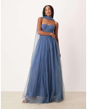 LACE & BEADS Scarf Neck Corset Tulle Maxi Dress - Blue