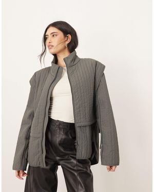 ARRANGE Quilted Layered Shacket With Tie Detail - Gray