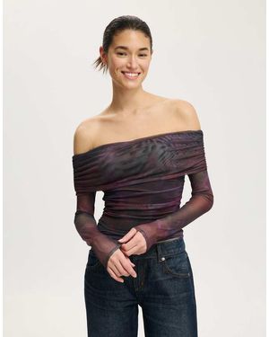 Cotton On Ashley Off Shoulder Mesh Long Sleeve Top - Blue