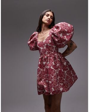 & Other Stories Brocade Mini Dress With Statement Puff Sleeves And Deep Back - Pink