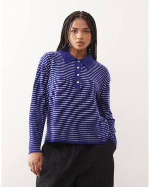 Lioness Mayfair Knitted Collar Detail Boxy Long Sleeve Polo Jumper - Blue