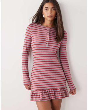 Collusion Vestido Corto A Rayas De Manga Larga Con Cintura Baja De -Gris - Rojo