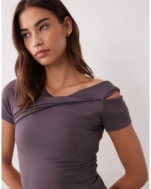 4505 Plush Handle Asymmetric Drape Detail Cap Sleeve Studio Top - Purple