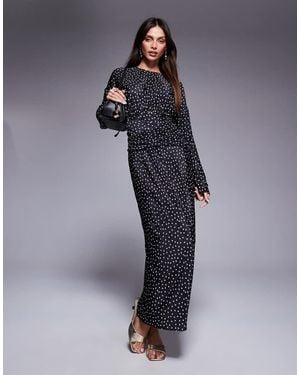 ASOS Vestito Lungo A Pois Plissé Accollato A Maniche Lunghe Avvolgente - Blu