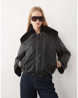 Calvin Klein Faux Leather Bomber Jacket With Collar Detail - Grey