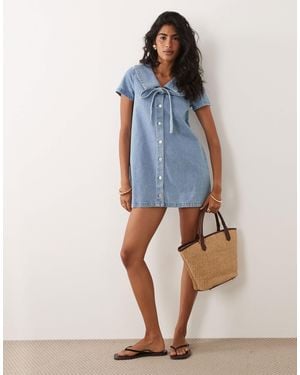 Miss Selfridge Collared Denim Mini Dress With Tie Detail - Blue