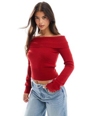 Bershka Bardot Knitted Jumper - Red