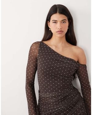 ASOS Printed Mesh Off-shoulder Mini Dress With Angel Sleeve - Brown