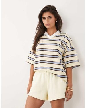 Kaiia Cotton Rich Oversized V-neck Rugby Tee - Natural