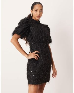 Y.A.S Fluffy Textured Sequin Mini Dress - Black
