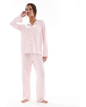 Loungeable Pijama Jaspeado Con Detalle De Ribetes De Pantalones De Pernera Ancha Y Top Con Cuello De Solapas De Canalé De - Rosa