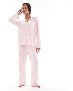 Loungeable Pijama Jaspeado Con Detalle De Ribetes De Pantalones De Pernera Ancha Y Top Con Cuello De Solapas De Canalé De - Rosa