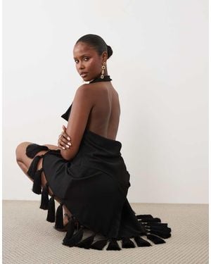 ASOS Halter Neck Asymmetric Midi Dress With Tassel Hem - Black