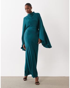 ASOS Funnel Neck Satin Maxi Dress With exaggerated Sleeves - Blue