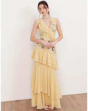 Maya Embellished Asymmetric Ruffle Maxi Dress - Natural