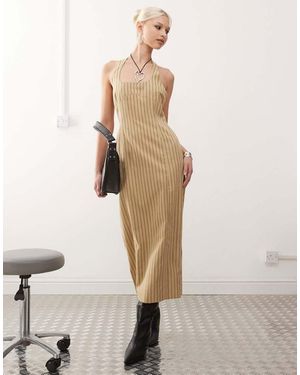 Lioness Vestito Midi Allacciato Al Collo A Righe Con Spacco Sul Retro - Neutro