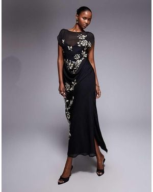 ASOS Asymmetric Sleeve Maxi Dress With Floral Embellishment - Multicolour