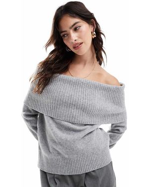 Pull&Bear Oversized Bardot Knitted Jumper - Grey