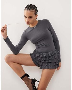 Edikted Lucile Long Sleeve Ruffle Romper - Grey