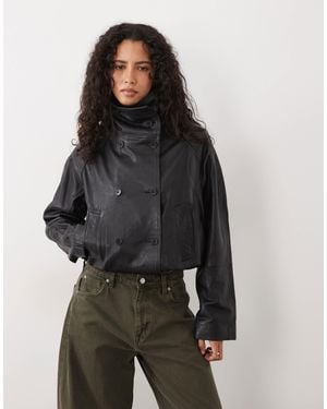 Mango Funnel Neck Statement Leather Jacket - Gray