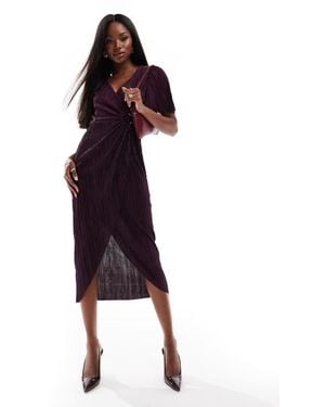 AX Paris Robe portefeuille mi-longue en tissu plissé à manches courtes avec anneau - prune - Violet