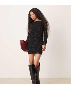 New Look Flocked Leopard Mesh Long Sleeve Mini Dress - Black