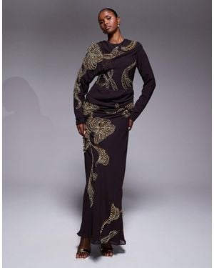 ASOS Drape Shoulder Embellished Pleated Maxi Dress - Brown