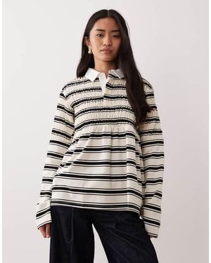 Nia Barrington Shirred Collared Polo Striped Top - White