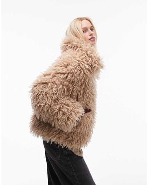 TOPSHOP Faux Mongolian Fur Bomber Jacket - Natural