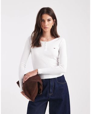 Tommy Hilfiger Rib Henley Long Sleeve Top - White