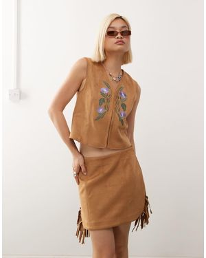Reclaimed Vintage Faux Suede Festival Mini Skirt With Fringing - Natural