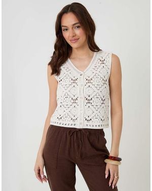 Threadbare Crochet Button Up Vest - White