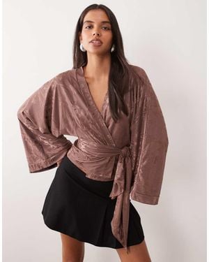 ASOS Satin Devore Kimono Tie Waist Top - Brown