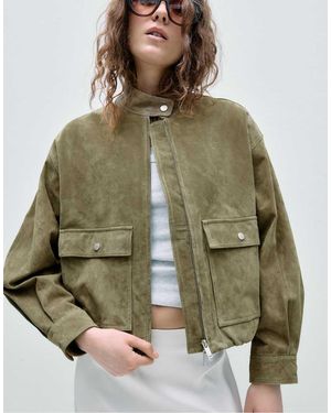 Stradivarius Leather Jacket With Pockets - Green