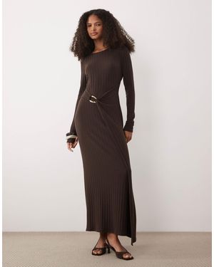 ASOS Long Sleeve Ribbed Midi Dress With Hardware Wrap Detail - Brown
