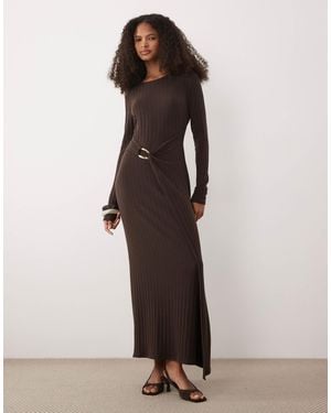 ASOS Long Sleeve Ribbed Midi Dress With Hardware Wrap Detail - Brown