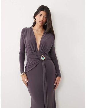 ASOS Soepelvallende Maxi-Jurk Met Diepe Halslijn En Detail Met Goudkleurige Bies - Paars