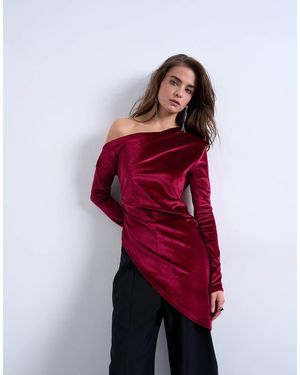 TOPSHOP Velvet Off Shoulder Tunic Long Sleeve Top - Red