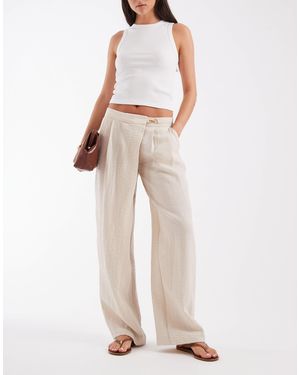 ASOS Tailored Linen Look Wrap Front Gold Buckle Detail Pants - White