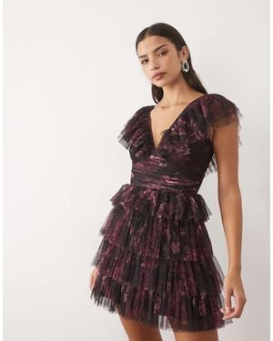 LACE & BEADS Tulle Plunge Neck Tiered Skirt Mini Dress - Brown