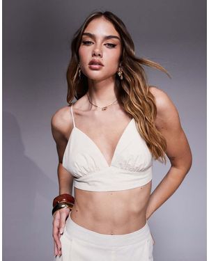 Missy Empire Brassière Corta Color Crema Effetto Lino Con Spalline Sottili - Bianco