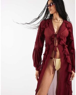 Reclaimed Vintage Tie Front Kimono With Beads - Red