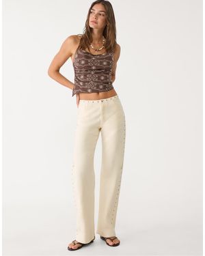 Stradivarius Straight Leg Jeans With Studded Waist - Natural