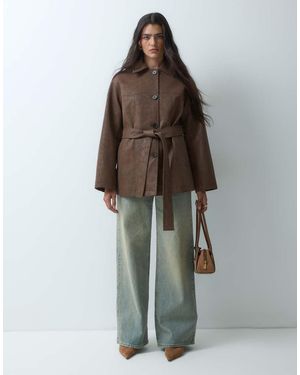 4th & Reckless Faux Leather Collared Belted Jacket - Brown