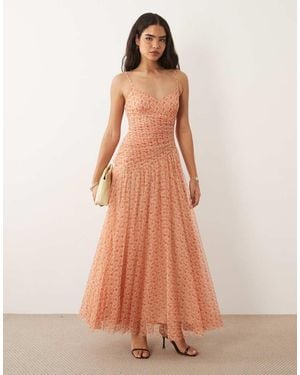 LACE & BEADS Vestito Lungo Con Corpino Asimmetrico Arricciato, Spalline Sottili E Stampa A Fiorellini Rossi - Multicolore