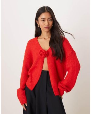 Y.A.S Cárdigan Rojo Flor De Pascua Con Flor Extragrande De Punto De