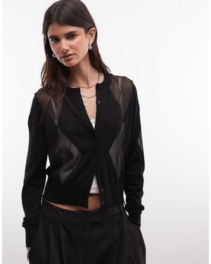 AllSaints Bern Argyle Mesh Merino Wool Knit Cardigan - Black